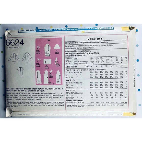 1970s Simplicity 6624 Sewing Pattern Womens Plus Sz 18 Stretch Knit Tops Cut - Picture 2 of 2